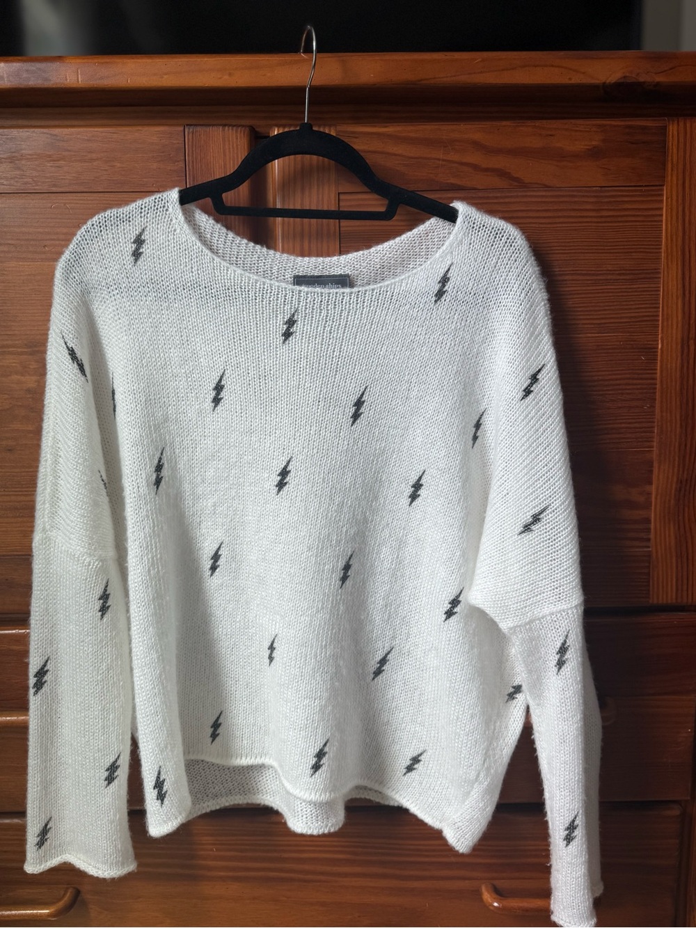 Wooden Ships Cream Knit Sweater with Black Lightning Bolts